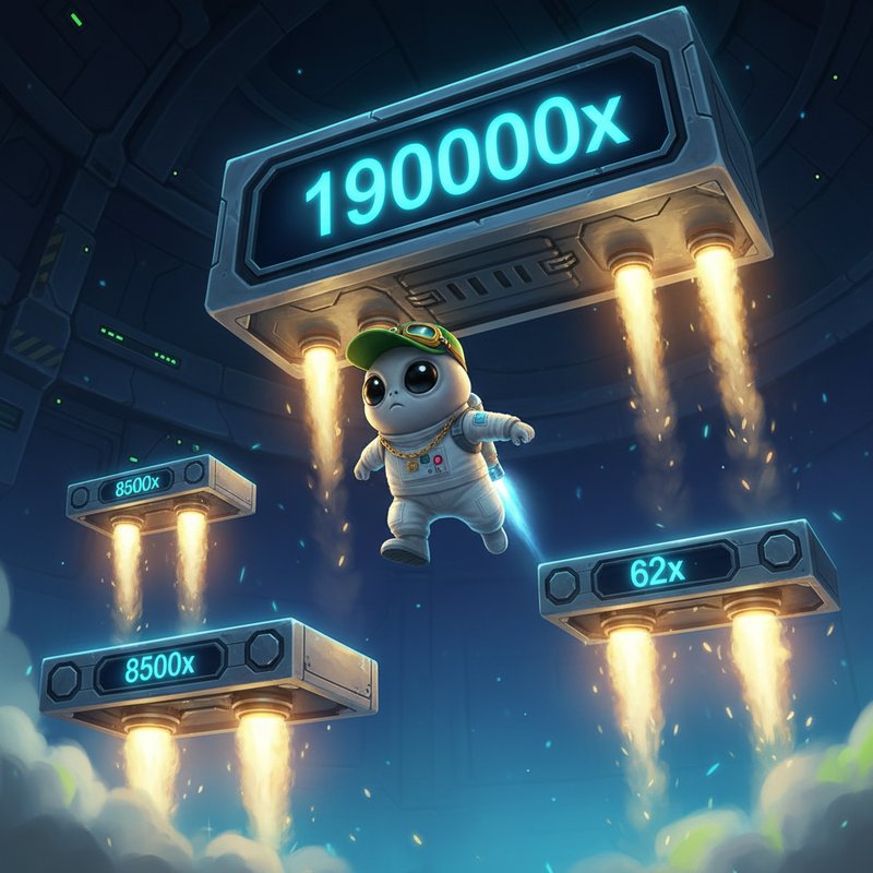 Jumper slot - szary kosmiczny obcy w zielonej czapce skacze po metalowych platformach z multiplikatorami w statku kosmicznym, płomienie rakietowe pod platformami, maksymalny multiplier 190000x